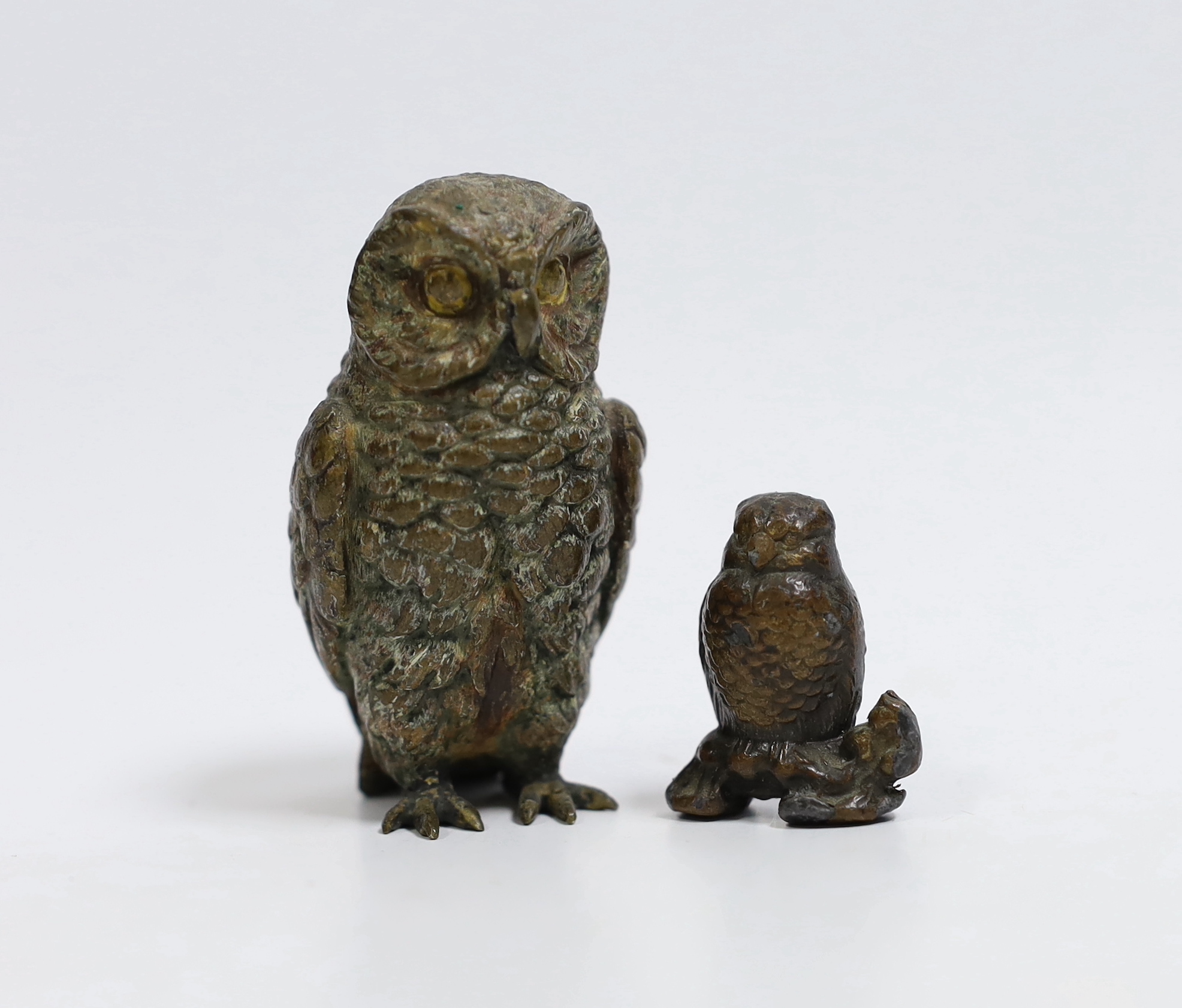 An Austrian cold painted bronze model of an Owl and a similar smaller metal owl, bronze owl 6cm high